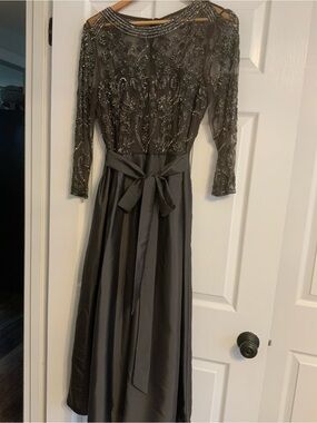 Embellished dark purplish brown  mother of bride Dress with Satin Waist Tie